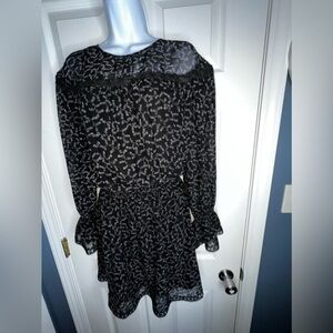 Long Sleeve Black Printed Ruffle Hem Dress